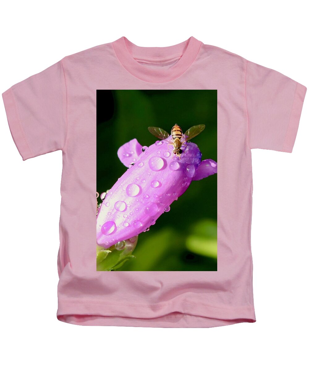 Hover Fly Kids T-Shirt featuring the photograph Hoverfly on Pink Flower by Sarah Lilja