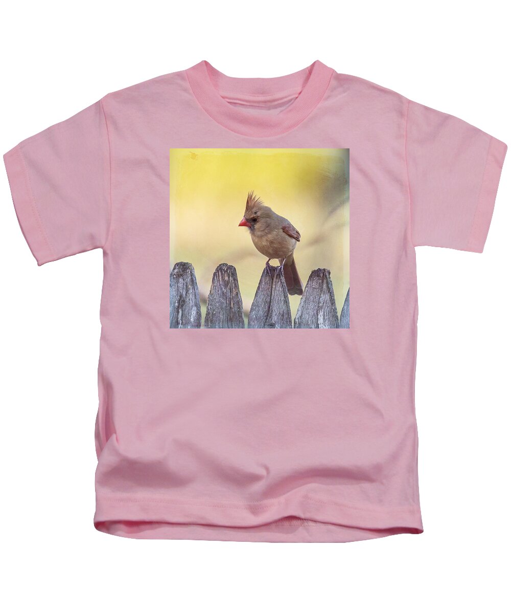 Bird Kids T-Shirt featuring the photograph Lady Cardinal by Cathy Kovarik
