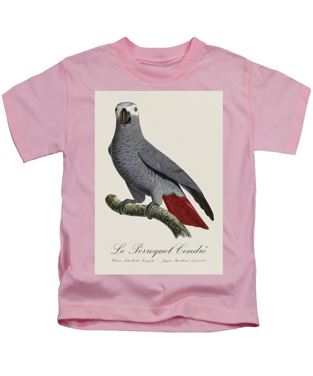 African Grey Parrot Kids T-Shirt featuring the painting Le Perroquet Cendre / African Grey Parrot - Restored 19th century illustration by Jacques Barraband by SP JE Art