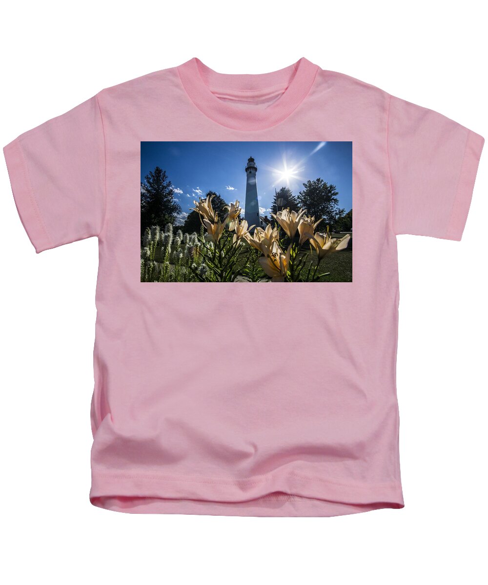 Wind Point Lighthouse Kids T-Shirt featuring the photograph Lighthouse with a flowery foreground by Sven Brogren
