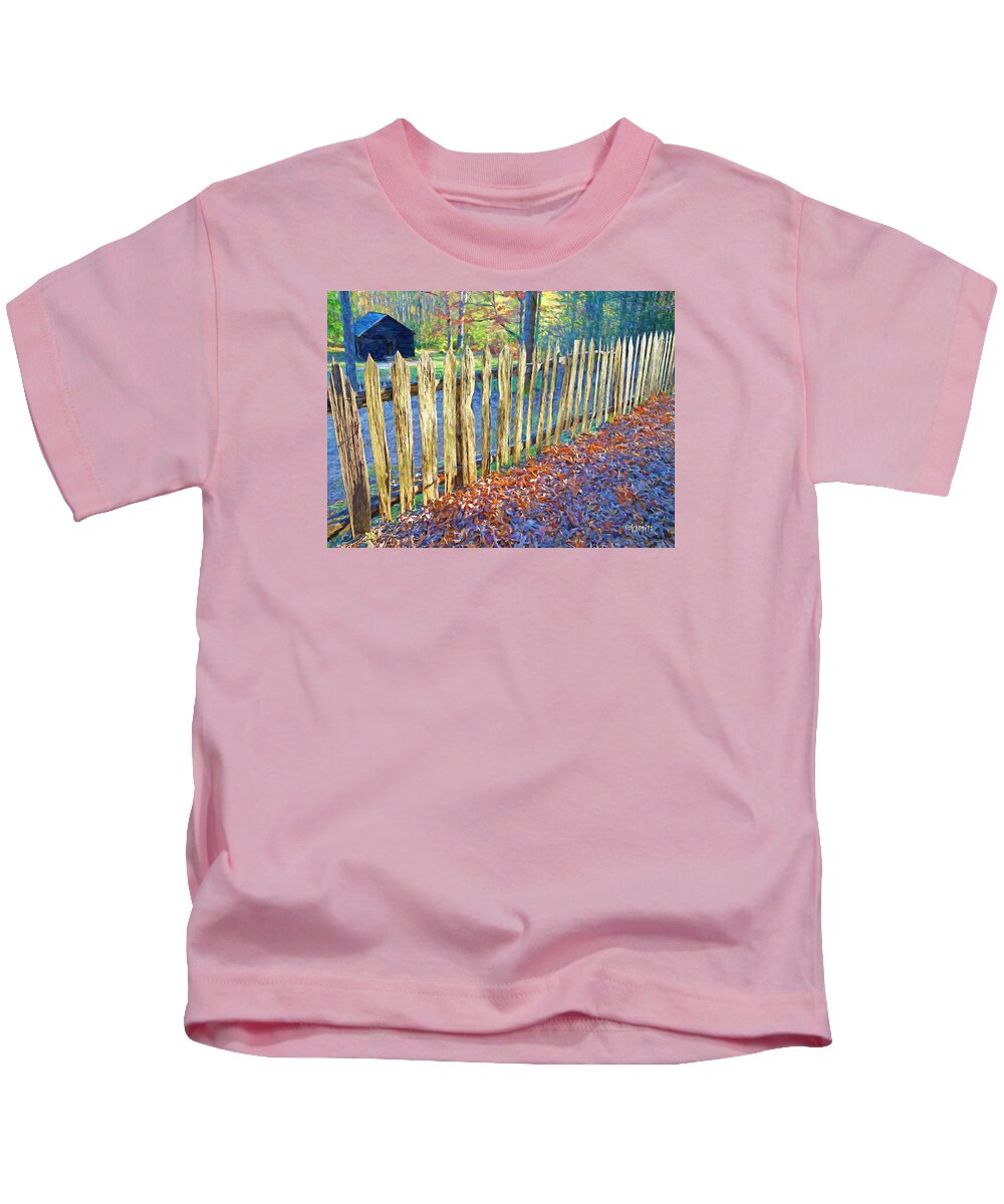 Little Greenbrier Schoolhouse Kids T-Shirt featuring the photograph Little Greenbrier Schoolhouse Picket Fence Smoky Mountains by Rebecca Korpita
