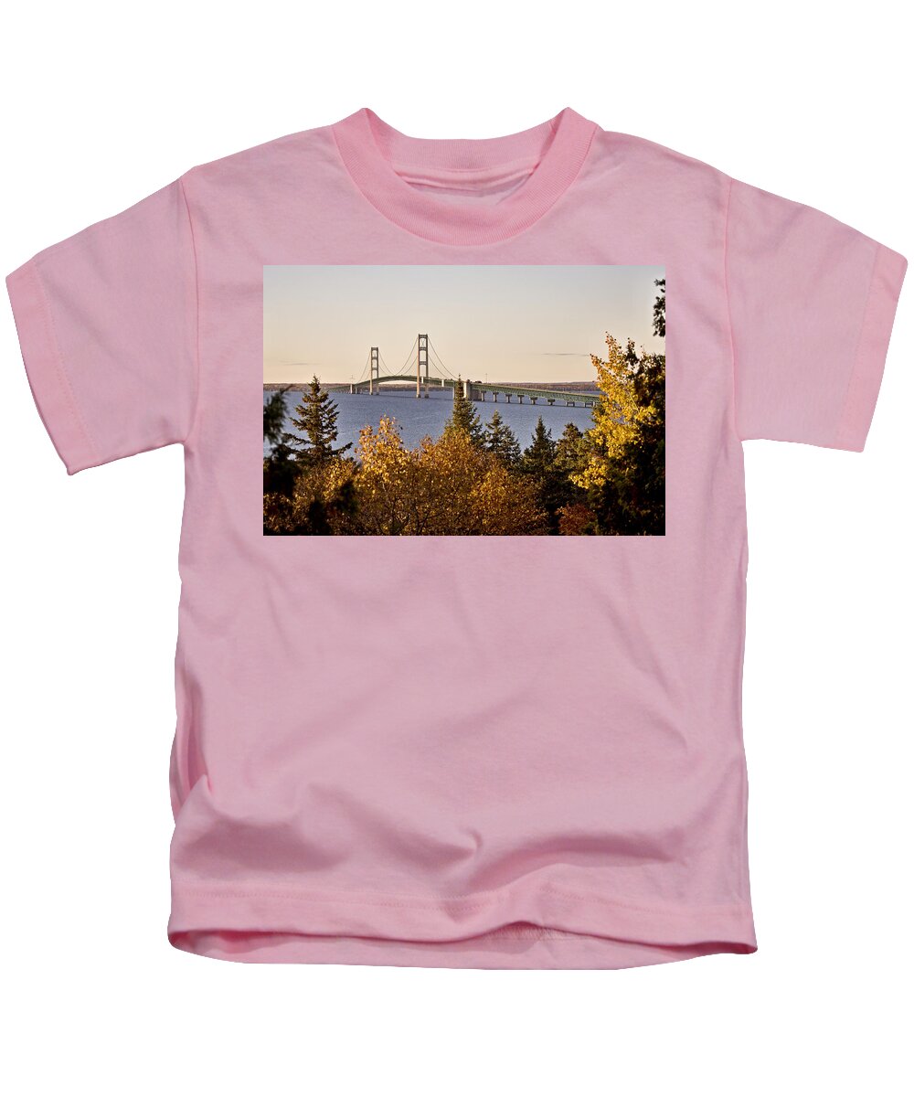 Mackinaw Kids T-Shirt featuring the digital art Mackinaw City Bridge Michigan by Mark Duffy
