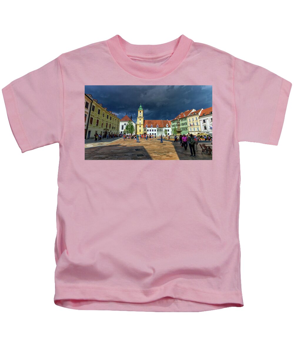 Slovakia Kids T-Shirt featuring the photograph Main square in the old town of Bratislava, Slovakia by Elenarts - Elena Duvernay photo