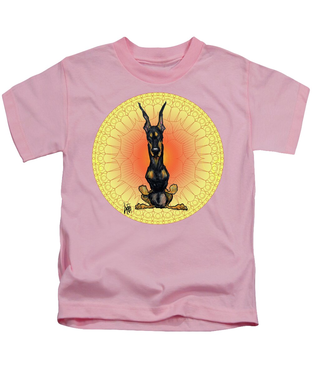 Doberman Kids T-Shirt featuring the drawing Meditating Doberman by Canine Caricatures By John LaFree
