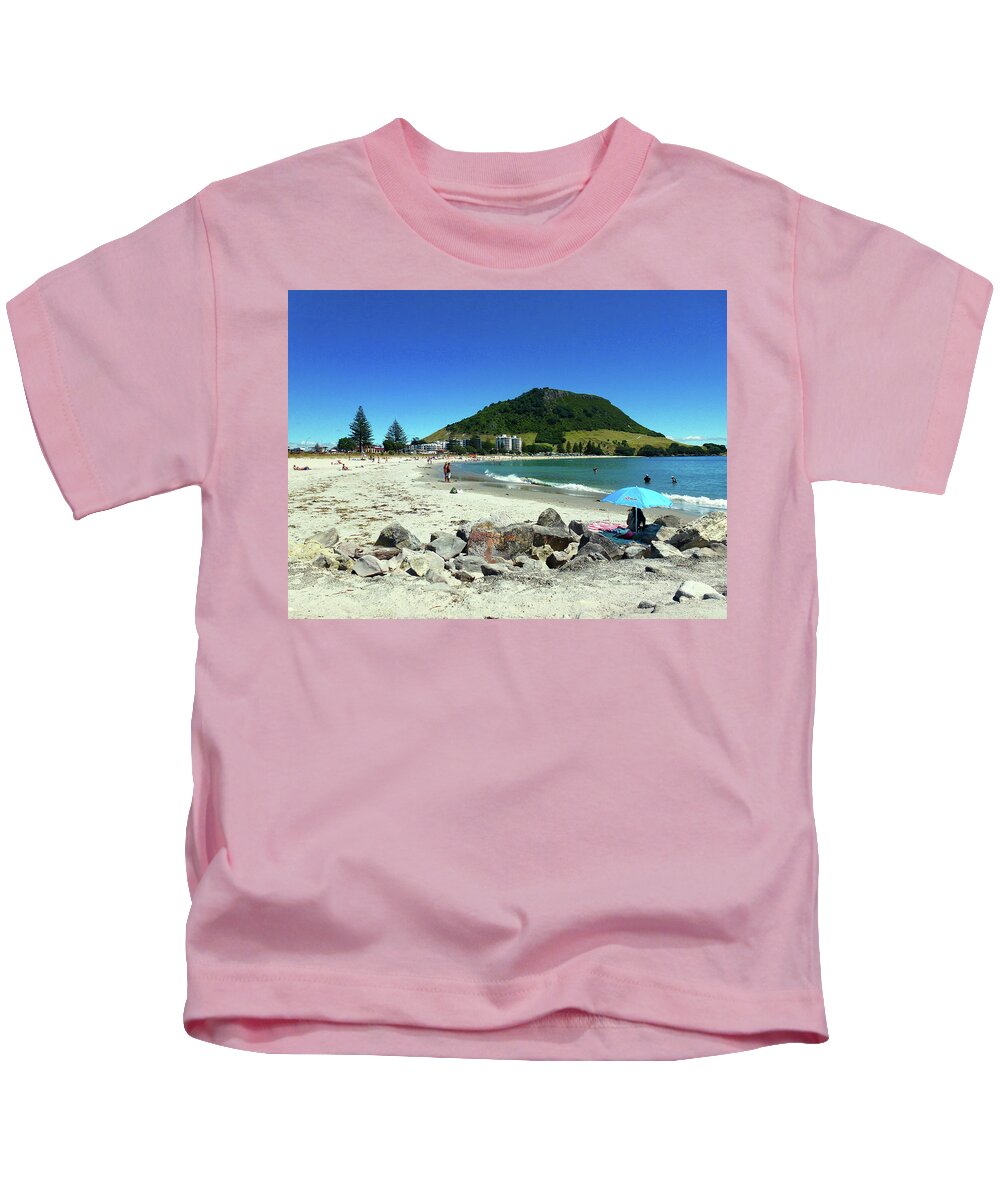 Mount Maunganui Kids T-Shirt featuring the photograph Mount Maunganui Beach 1 - Tauranga New Zealand by Selena Boron