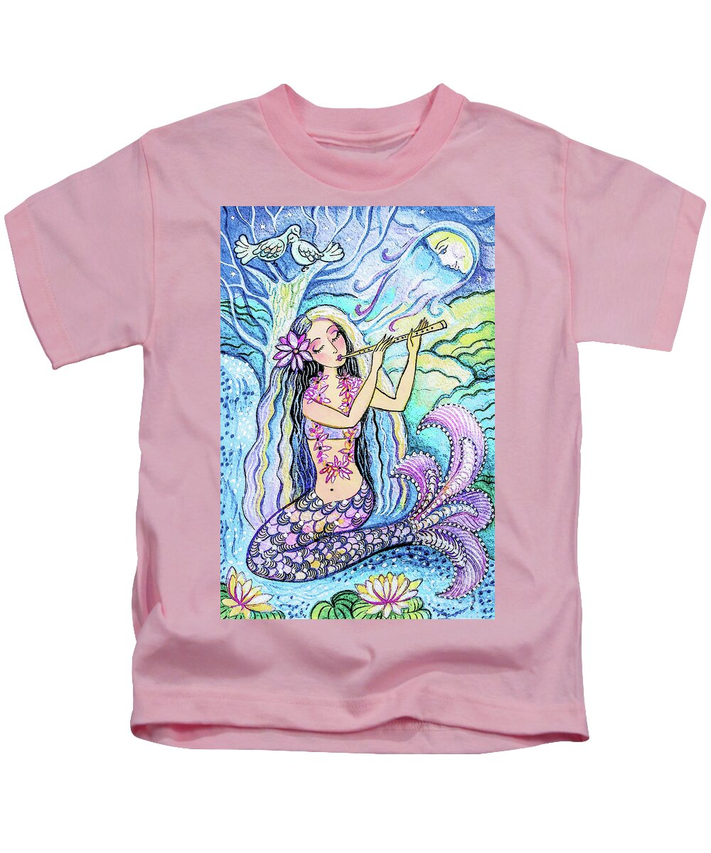 Girl And Sea Kids T-Shirt featuring the painting Night Mermaid Music by Eva Campbell