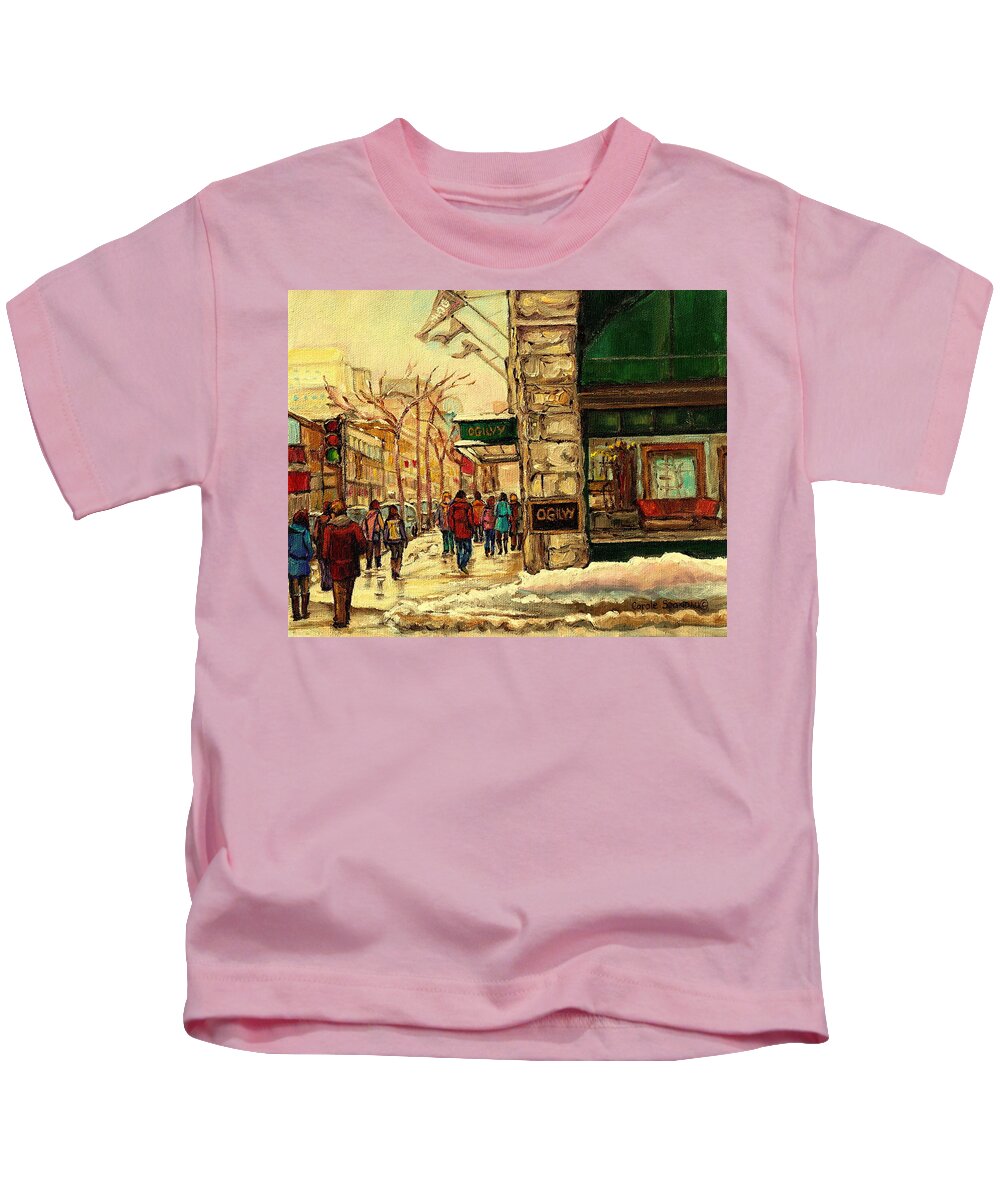 Ogilvys Department Store Kids T-Shirt featuring the painting Ogilvys Department Store Downtown Montreal by Carole Spandau