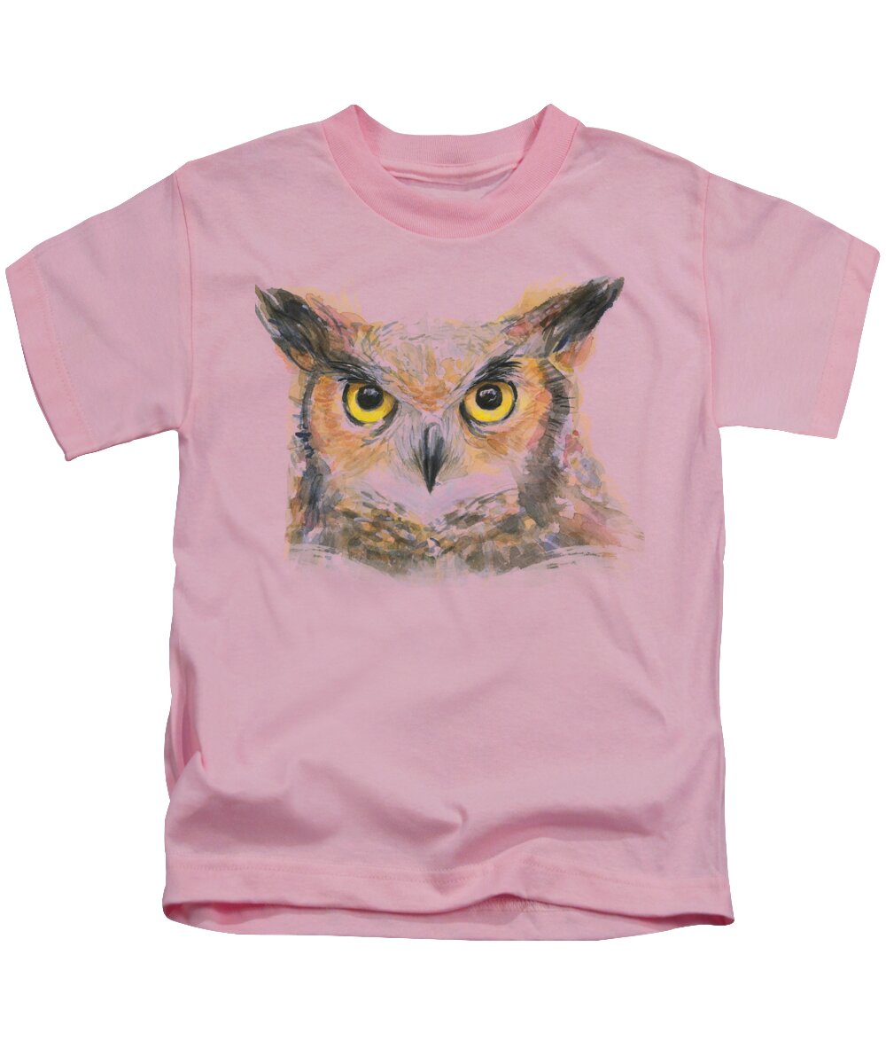 Old Kids T-Shirt featuring the painting Owl Watercolor Portrait Great Horned by Olga Shvartsur