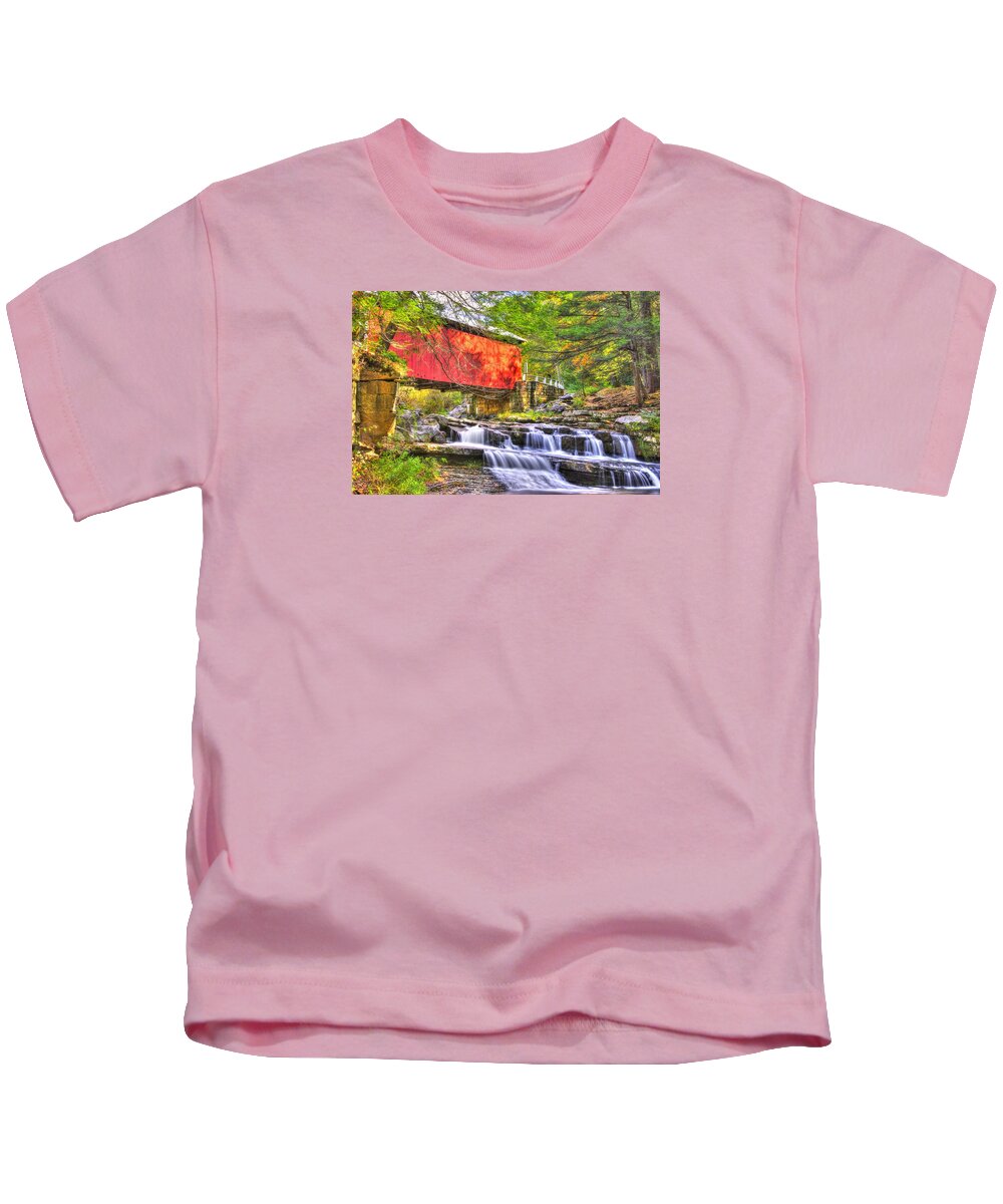 Packsaddle Covered Bridge Kids T-Shirt featuring the photograph PA Country Roads - Pack Saddle / Doc Miller Covered Bridge Over Brush Creek No. 11 - Somerset County by Michael Mazaika