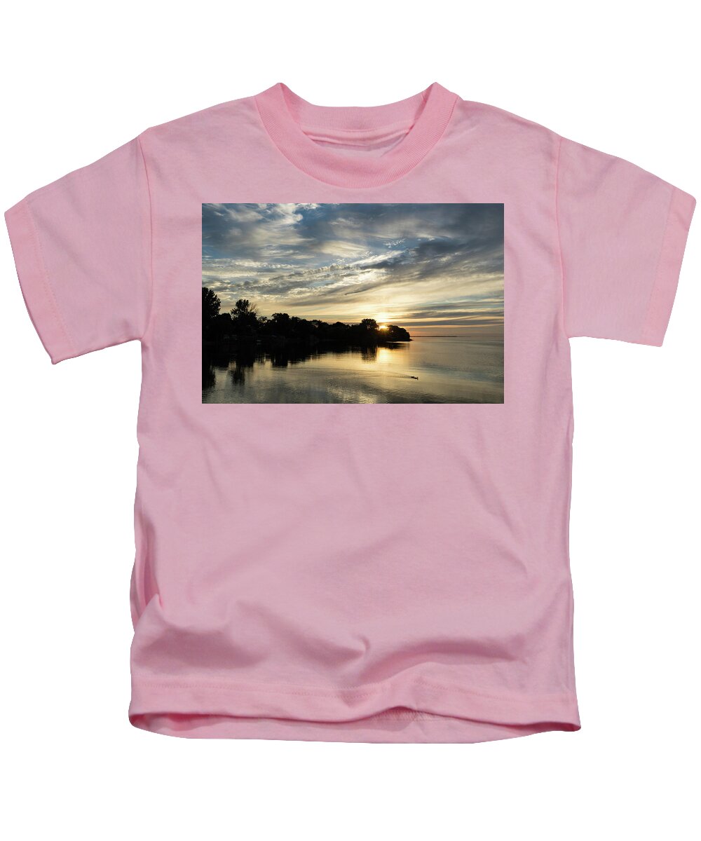 Georgia Mizuleva Kids T-Shirt featuring the photograph Pale Gold Sunrays - A Cloudy Sunrise with Two Ducks by Georgia Mizuleva