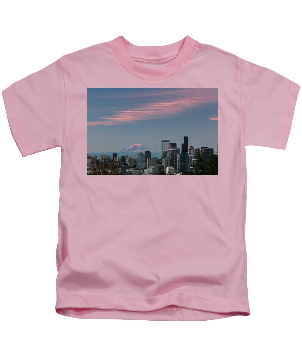 Mt. Rainier Kids T-Shirt featuring the photograph Pink Highlights over Seattle-Mt. Rainier by E Faithe Lester