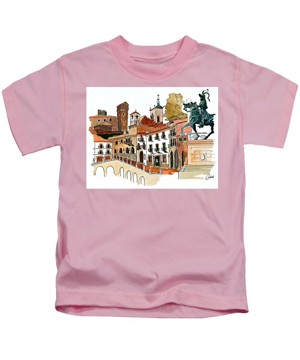 Spain Historic Architecture 16hc Pizarro Plein-air Impressionism  Kids T-Shirt featuring the painting Praise to the Plaza - Trujillo, Spain by Joan Cordell