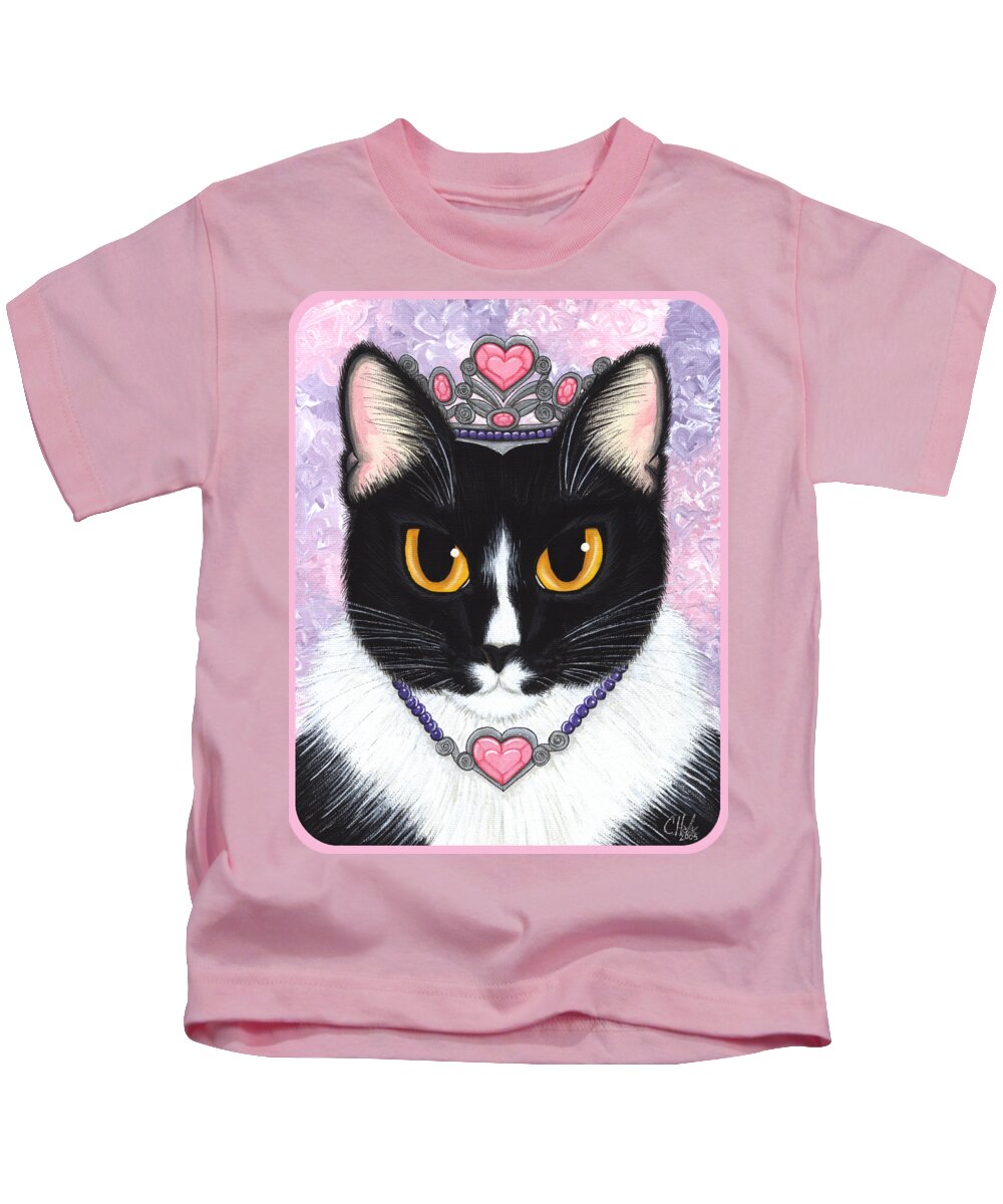 Princess Kids T-Shirt featuring the painting Princess Fiona -Tuxedo Cat by Carrie Hawks