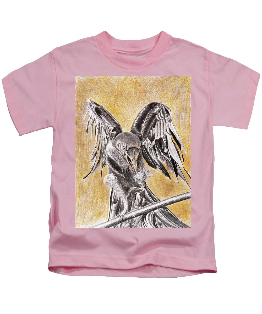 Raven Kids T-Shirt featuring the drawing Raven by Medea Ioseliani