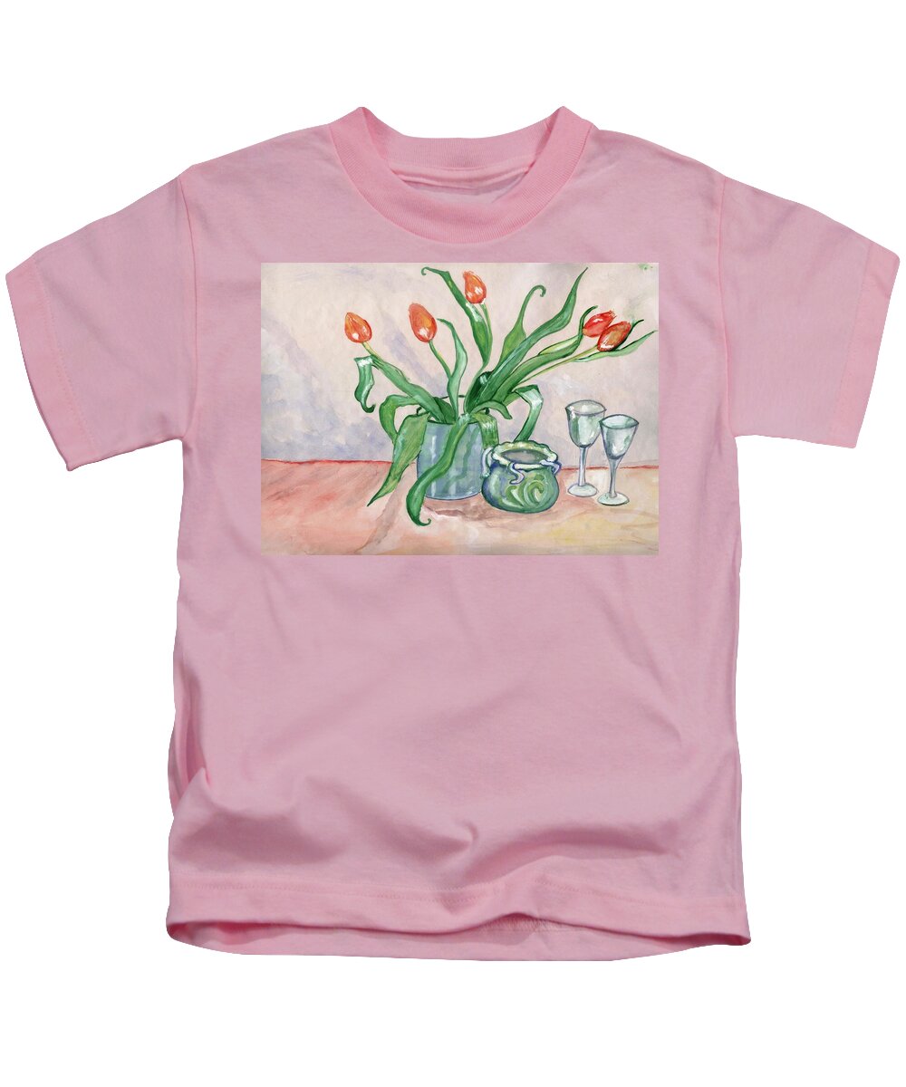 Red Kids T-Shirt featuring the painting Red tulips still life by Manjiri Kanvinde