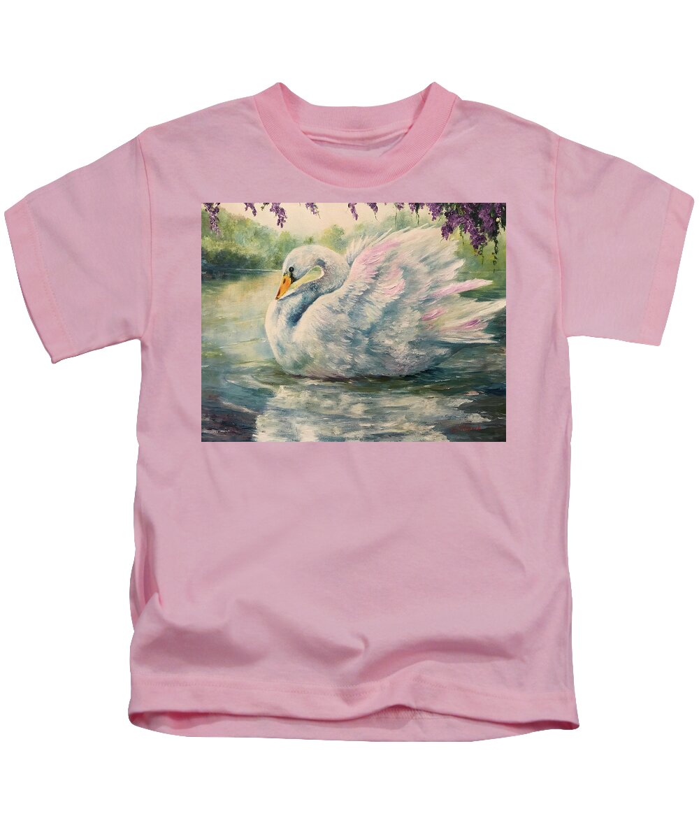 Swan Kids T-Shirt featuring the painting Regal Swan by ML McCormick