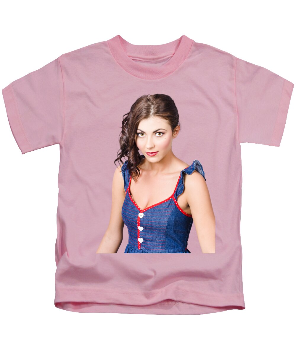Pin Kids T-Shirt featuring the photograph Retro pin-up girl in blue denim dress by Jorgo Photography