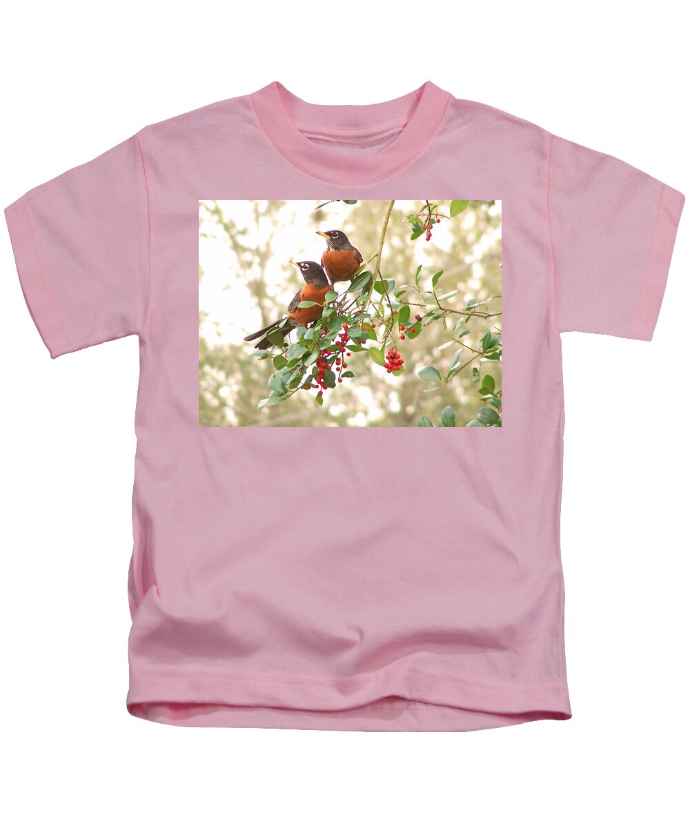 Nature Kids T-Shirt featuring the photograph Robins in Holly by Peggy Urban