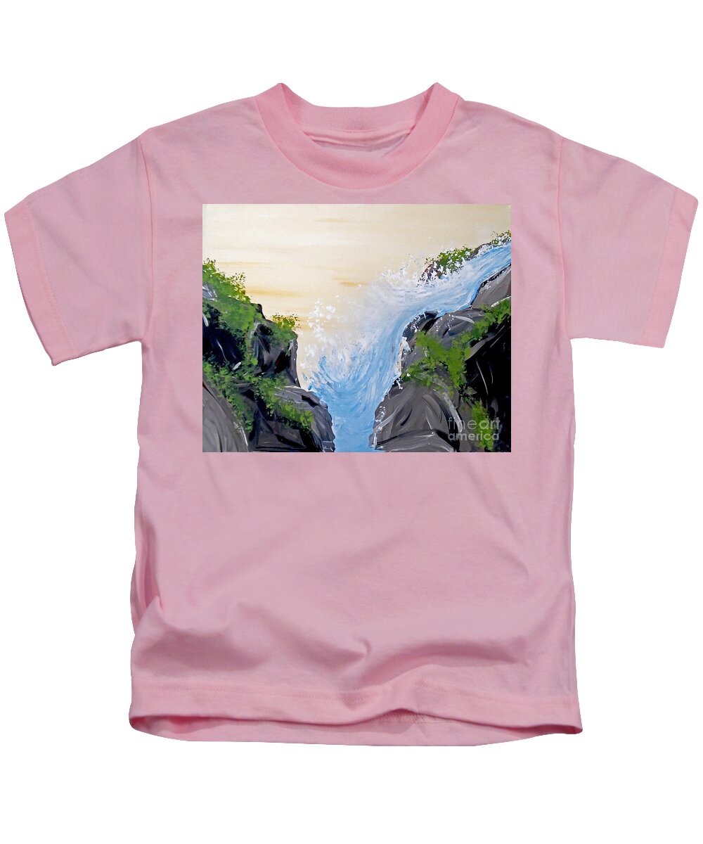 Waterfall Landscape Kids T-Shirt featuring the painting Rushing Water by Jilian Cramb - AMothersFineArt