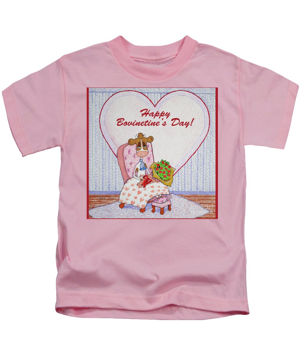 Ruthie-moo Kids T-Shirt featuring the drawing Ruthie-Moo Flowers Happy Bovinetine's Day by Joan Coffey