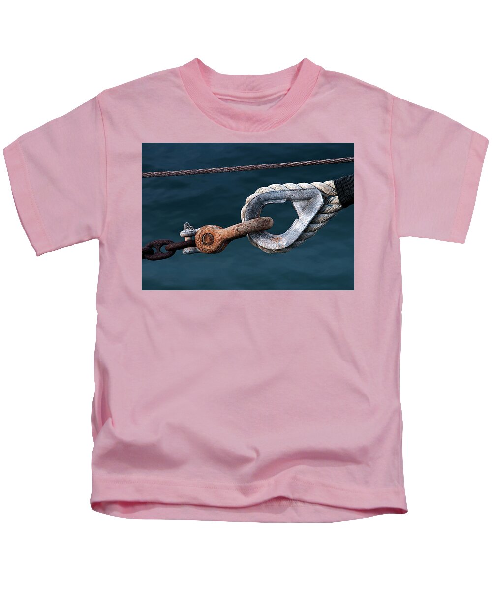 Ship Kids T-Shirt featuring the photograph Safety - Sailing Ship's Cables in Port by Mitch Spence