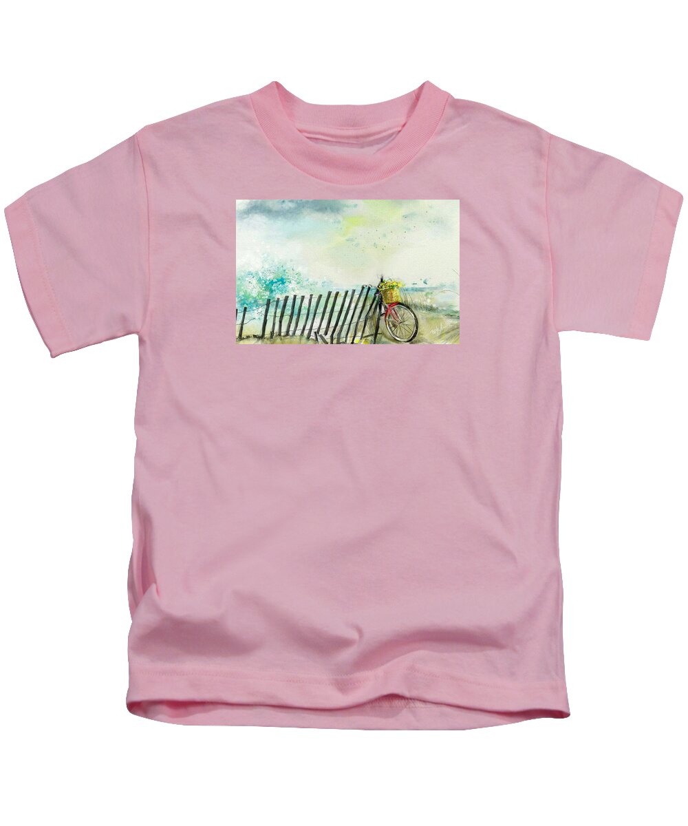 Spring Kids T-Shirt featuring the painting Bicycle Ride. Mayflower storm. by Mark Tonelli