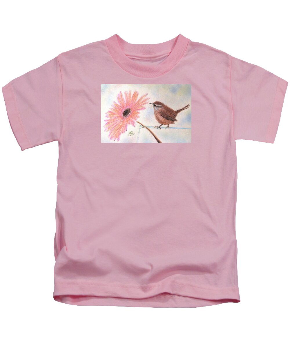 Carolina Wren Kids T-Shirt featuring the drawing Stopping By To Say Hello by Angela Davies