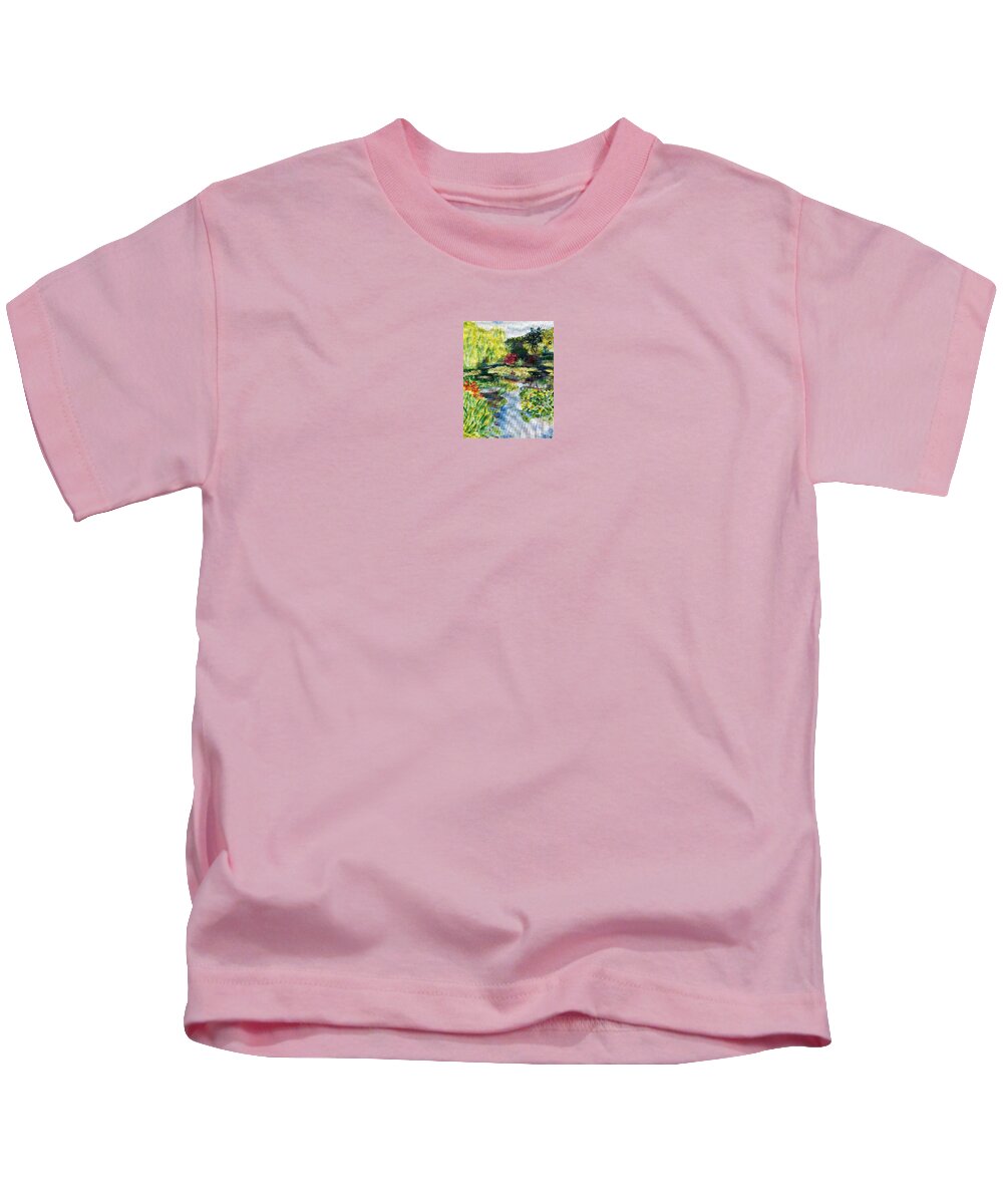 Giverney Kids T-Shirt featuring the painting Tending the Pond by Kate Conaboy