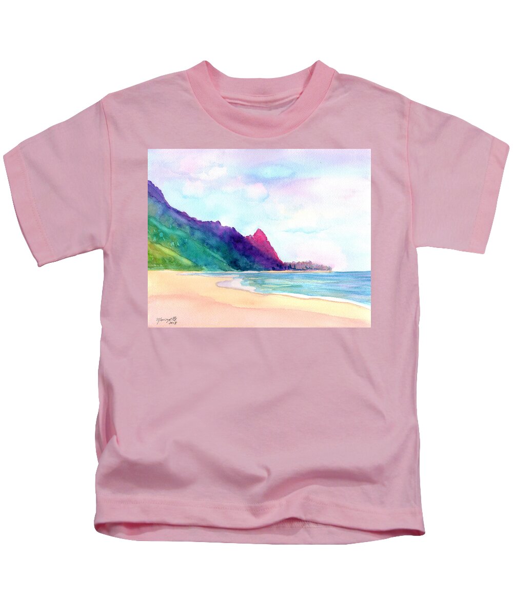 Kauai Tunnels Beach Kids T-Shirt featuring the painting Tunnels Beach 4 by Marionette Taboniar