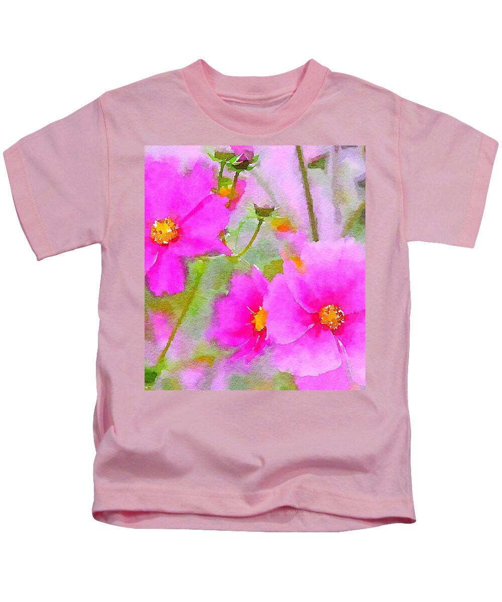 Watercolor Floral Kids T-Shirt featuring the painting Watercolor Pink Cosmos by Bonnie Bruno