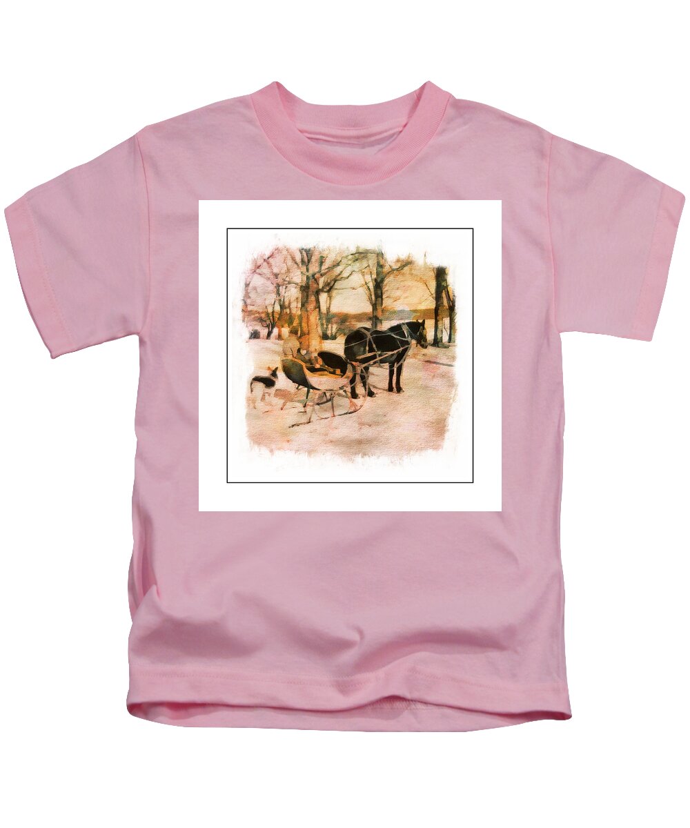 Horse Kids T-Shirt featuring the photograph Winter Horse Sled by Russel Considine