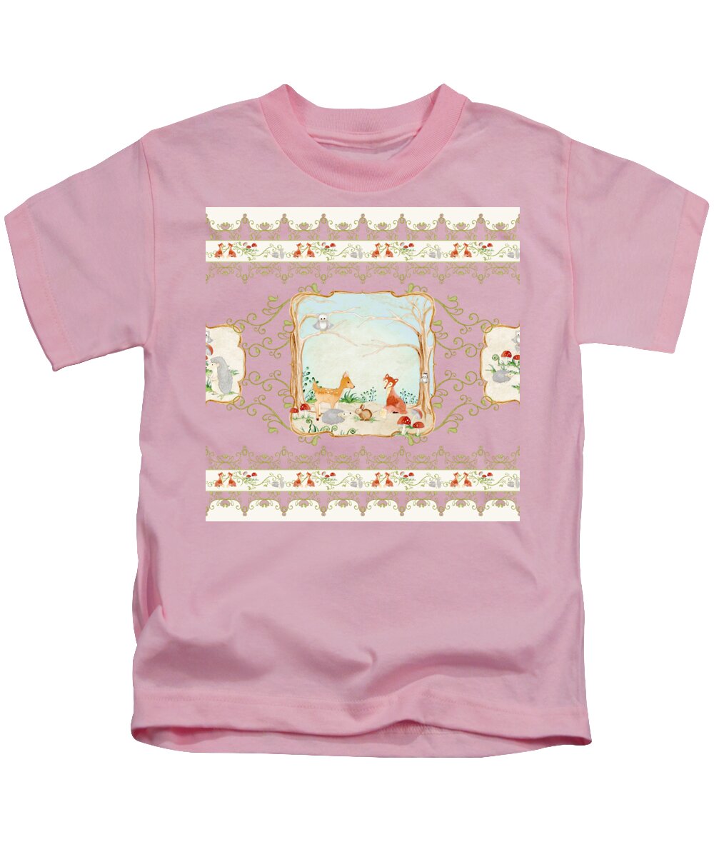 Wood Kids T-Shirt featuring the painting Woodland Fairy Tale - Blush Pink Forest Gathering of Woodland Animals by Audrey Jeanne Roberts