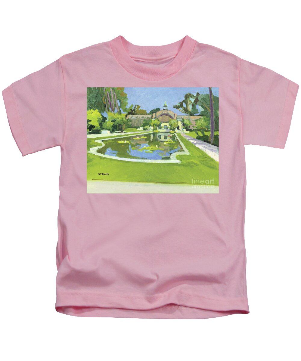 Botanical Building Kids T-Shirt featuring the painting Botanical Building Reflection Pond Balboa Park San Diego California by Paul Strahm