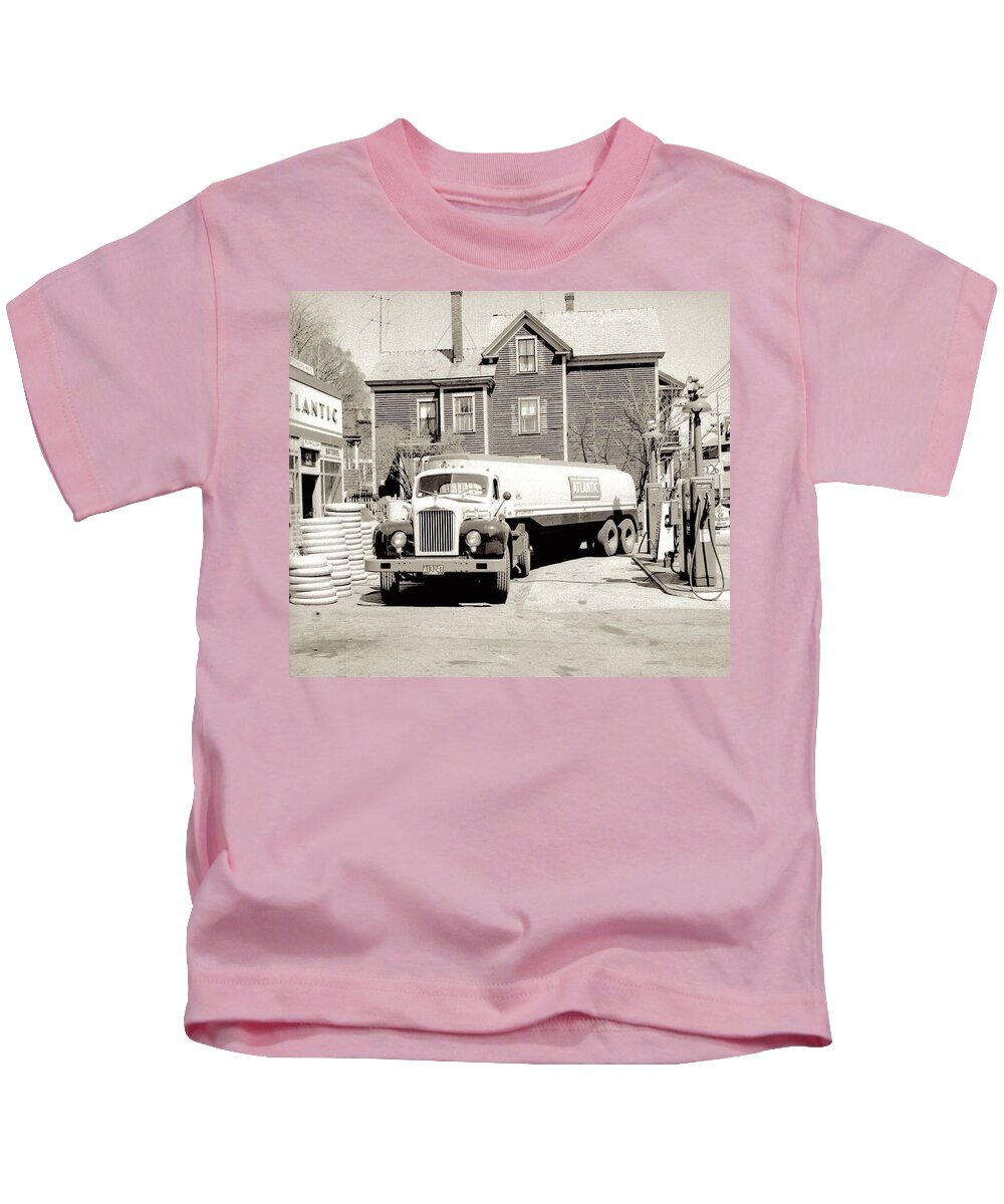 Transportation Kids T-Shirt featuring the painting 1950s photo Atlantic GAS Station FUEL Truck car Pump Scene Fitchburg MA by Celestial Images
