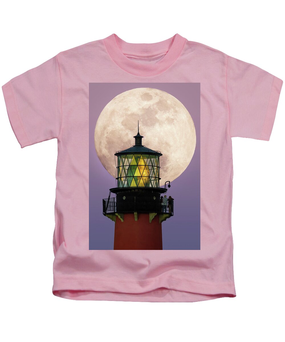 Jupiter Lighthouse Kids T-Shirt featuring the digital art Big Moon Rise Jupiter Lighthouse by Kim Seng