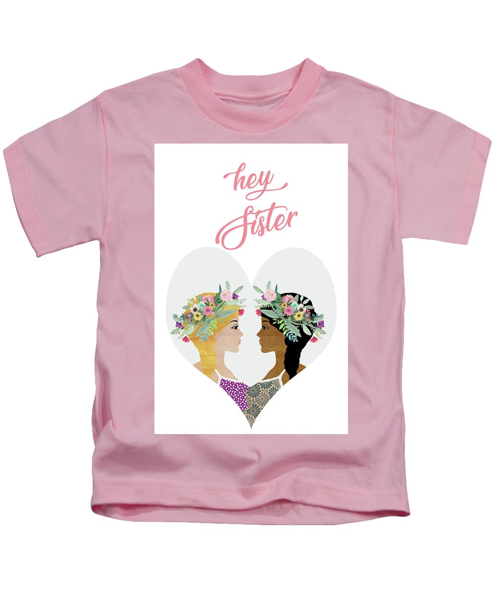 Hey Sister Kids T-Shirt featuring the mixed media Hey Sister by Claudia Schoen
