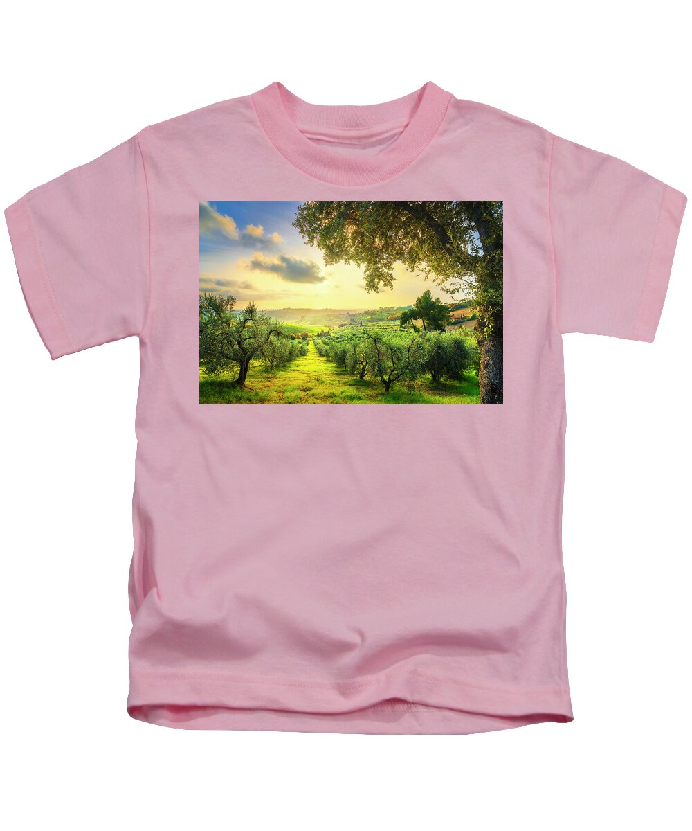 Olive Kids T-Shirt featuring the photograph Maremma countryside panorama and olive trees on sunset. Casale M by Stefano Orazzini
