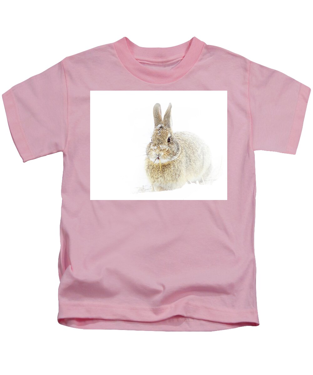 Rabbit Kids T-Shirt featuring the photograph Rabbit Eating in a White Out by Lowell Monke