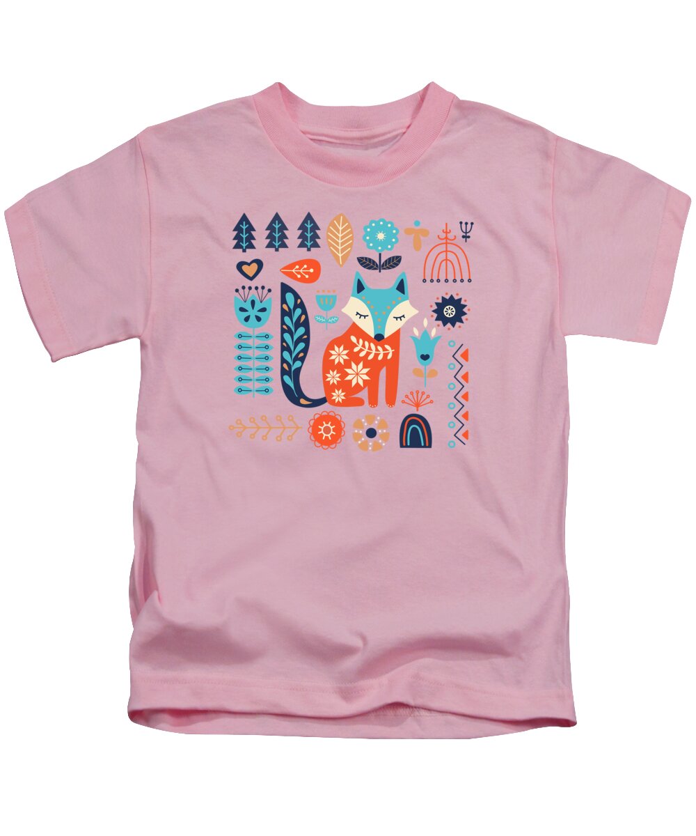 Painting Kids T-Shirt featuring the painting Soft And Sweet Scandinavian Fox Folk Art by Little Bunny Sunshine