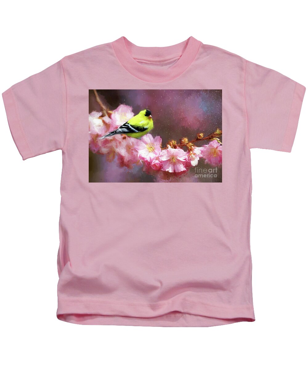 Goldfinch Kids T-Shirt featuring the painting Spring Goldfinch by Tina LeCour