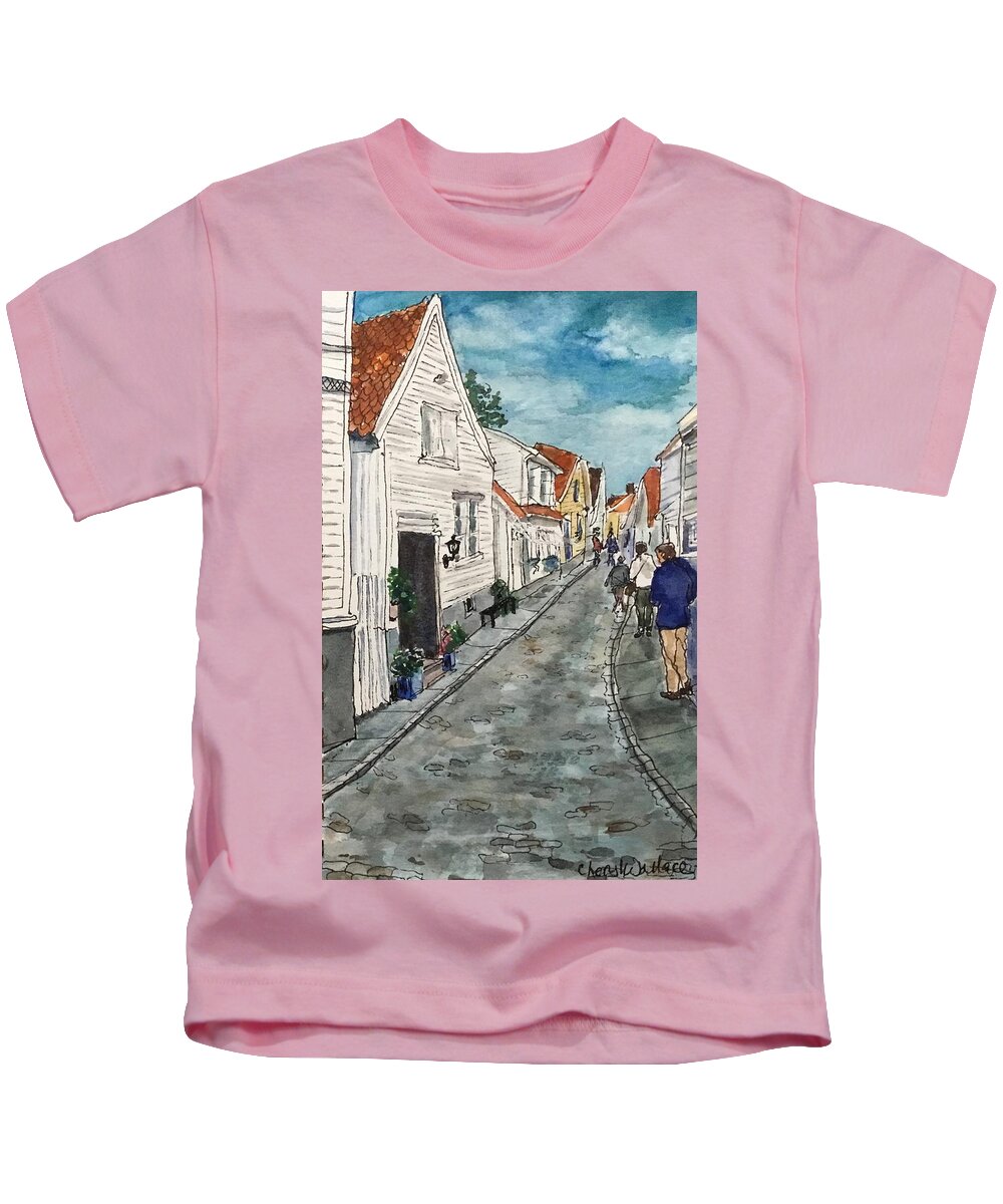Norway Kids T-Shirt featuring the painting Streets of Stavanger by Cheryl Wallace