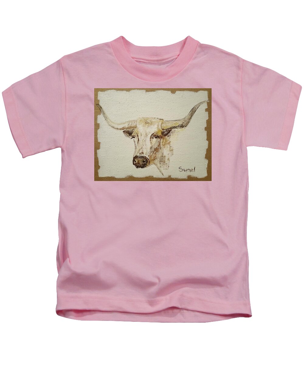 Texas Kids T-Shirt featuring the painting Texas Longhorn Cow by Sunel De Lange