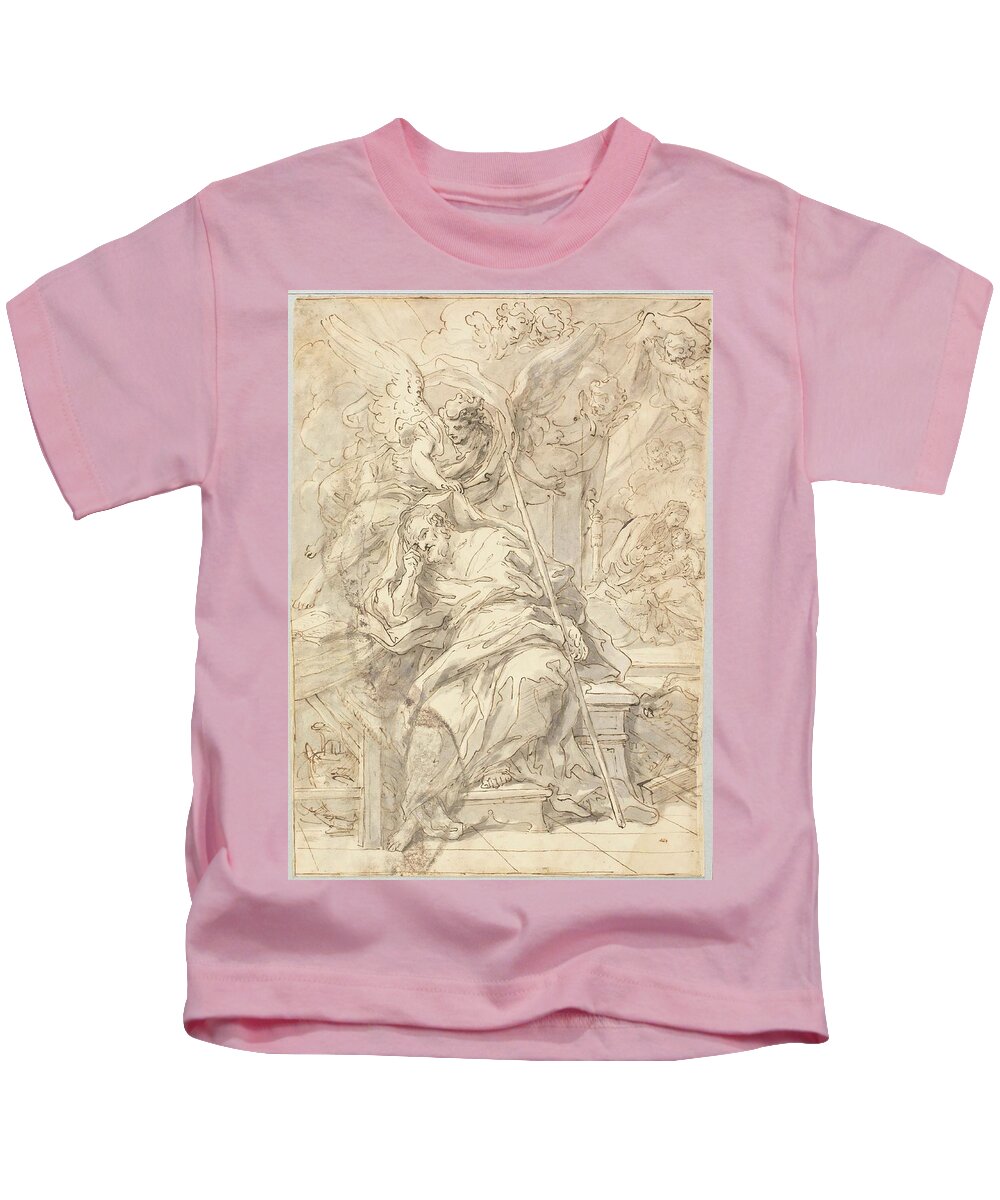 Saint Joseph Kids T-Shirt featuring the painting 'The Dream of Saint Joseph'. Early XVIII century. Grey wash, Black chalk, Penc... by Sebastiano Conca -1680-1764-
