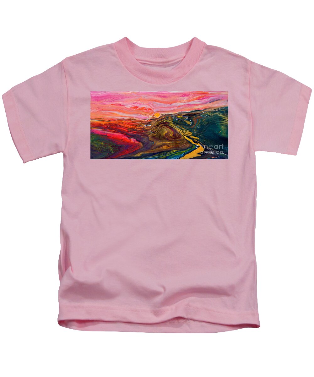 Energetic Fun Impressionist Landscape Fantasy Sunset Vibrant Compelling Striking Abstract Seascape Alien World Kids T-Shirt featuring the painting The Escape Scape 5294 w by Priscilla Batzell Expressionist Art Studio Gallery