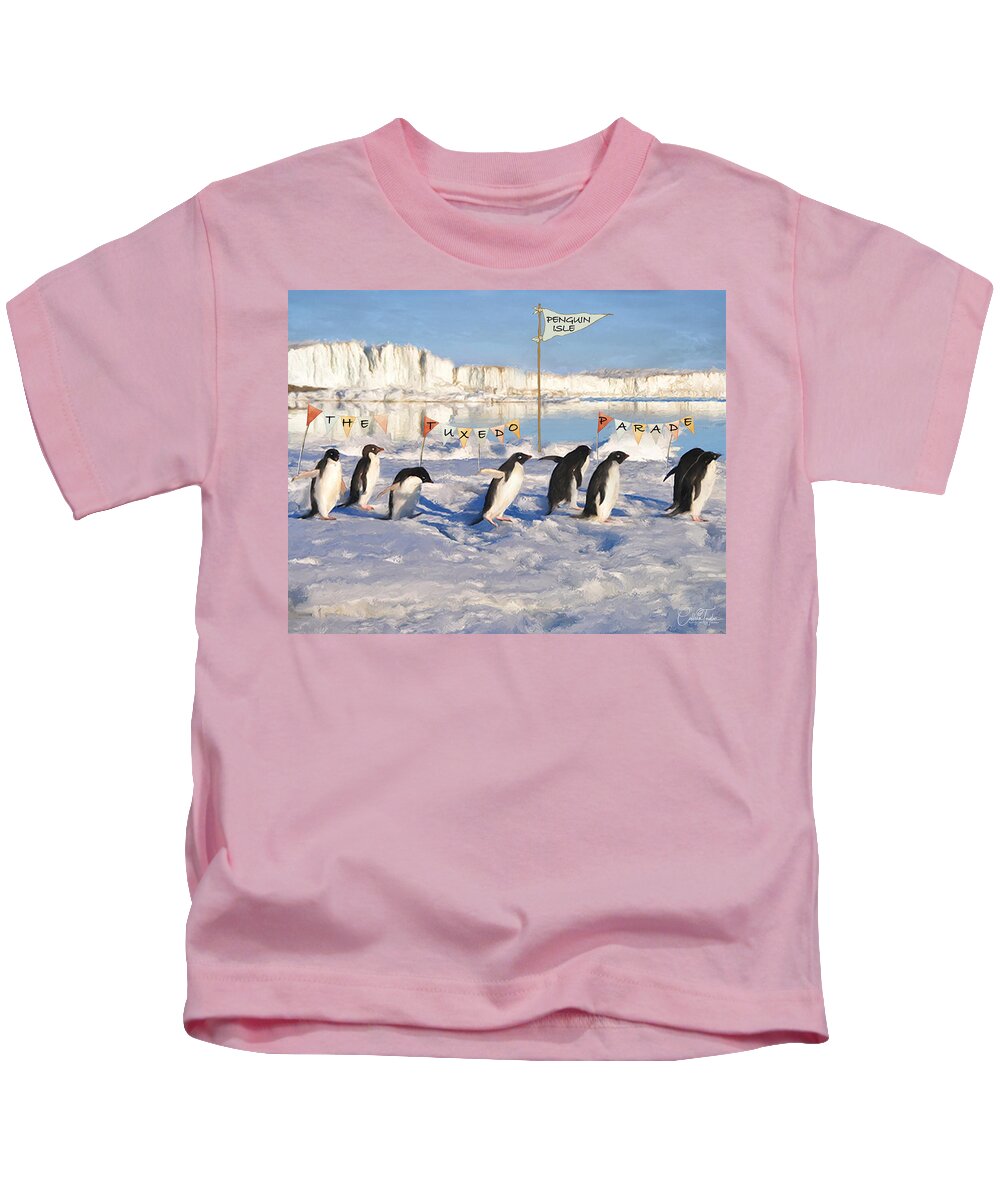 Penguins Kids T-Shirt featuring the mixed media The Tuxedo Parade by Colleen Taylor