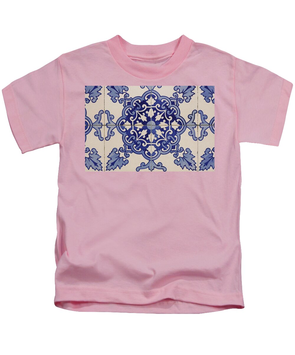 Alentejo Kids T-Shirt featuring the drawing Tiles with geometric and plant motifs located in the Town Square, Castro Verde. Alentejo. Portugal. by Album