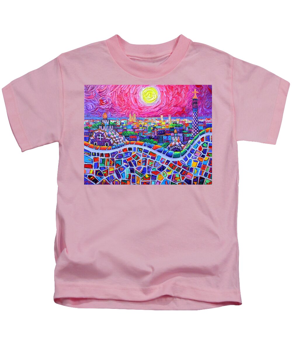Barcelona Kids T-Shirt featuring the painting VIBRANT BARCELONA NIGHT VIEW FROM PARK GUELL modern impressionism knife painting Ana Maria Edulescu by Ana Maria Edulescu