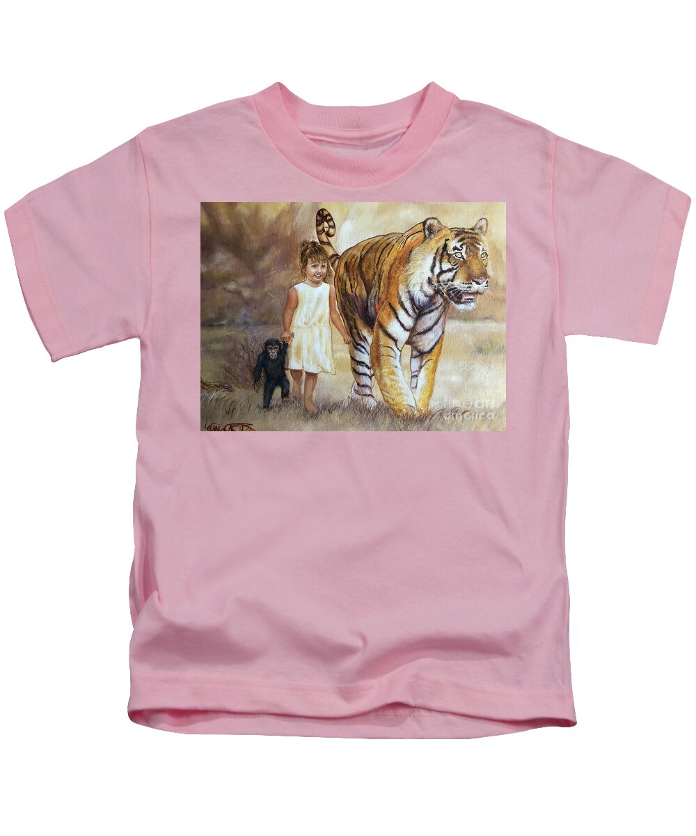 Oil Painting Kids T-Shirt featuring the painting Zaiden, Lexi and Dylan Morning Stroll by Leland Castro