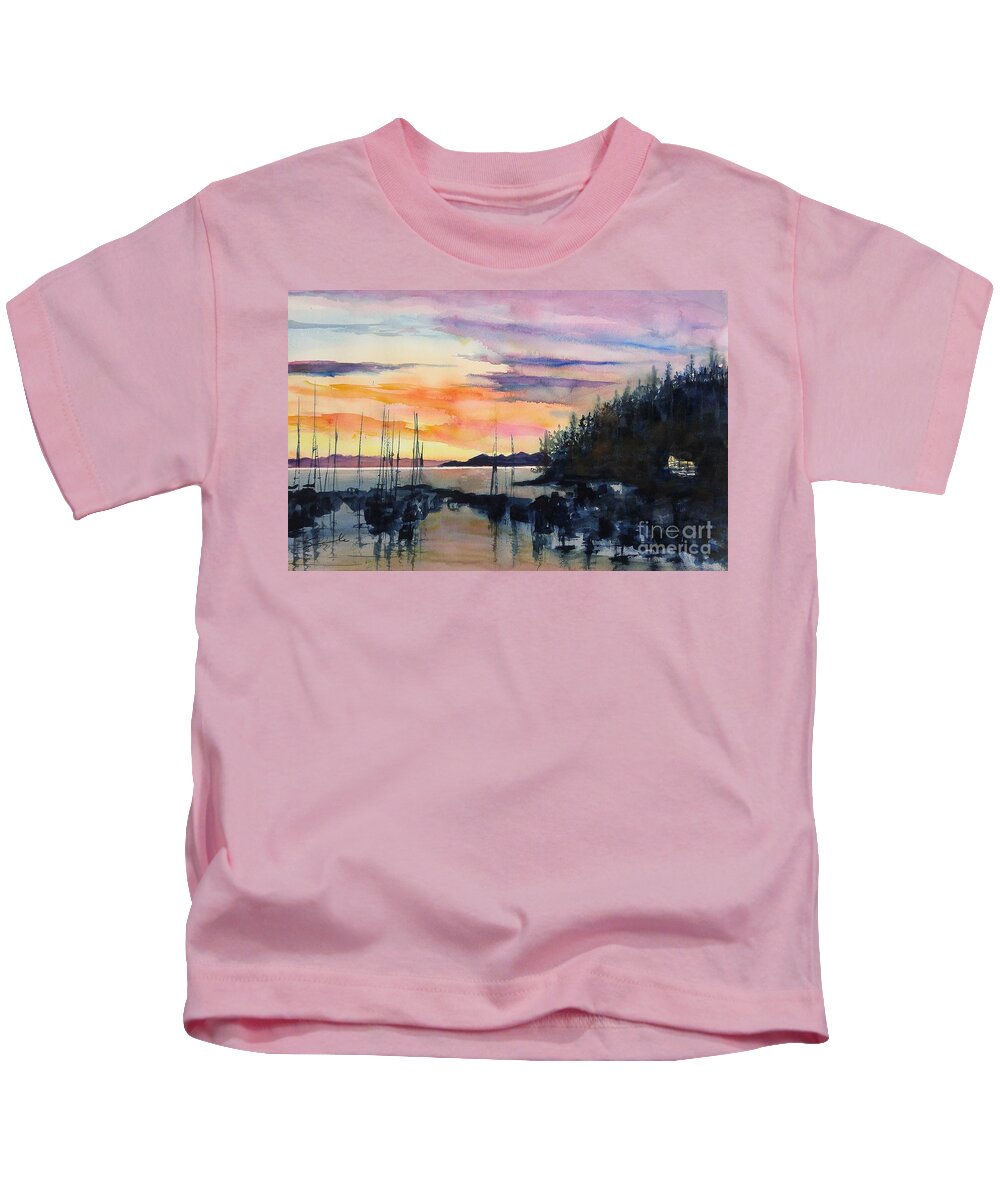 Boats Kids T-Shirt featuring the painting Eagle Ridge Sunset #1 by Sonia Mocnik
