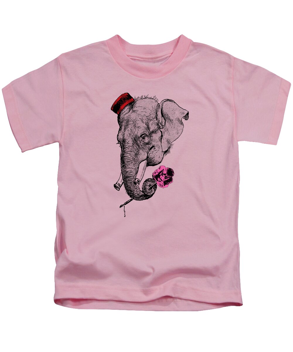 Elephant Kids T-Shirt featuring the digital art Gentleman elephant with pink rose by Madame Memento